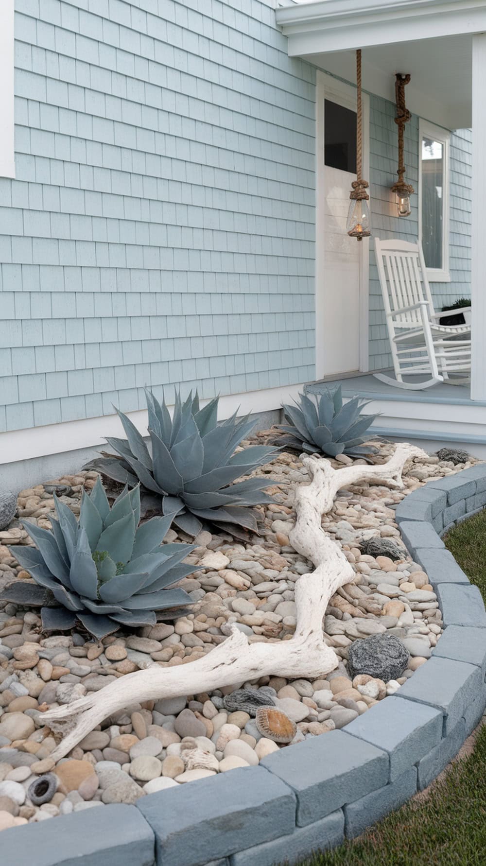 Coastal succulent garden featuring agave plants, smooth pebbles, and driftwood.