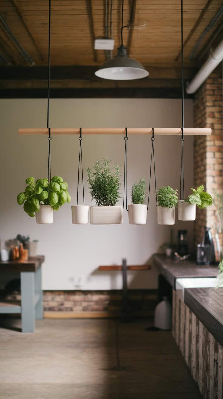 Hanging planters with various herbs in a kitchen setting