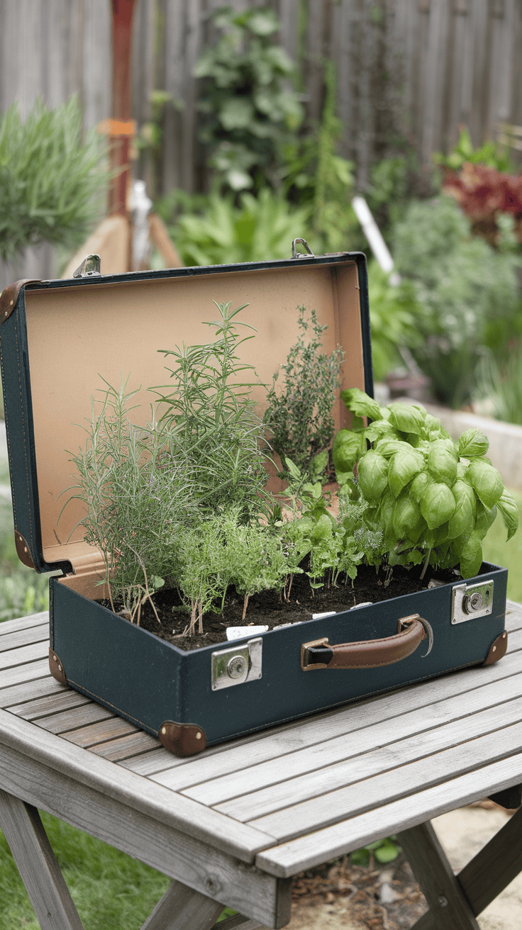 A vintage suitcase used as a planter for various herbs, sitting on a wooden table in a garden.