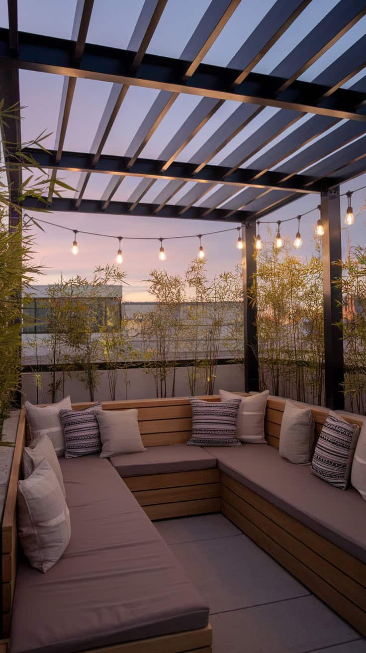 A cozy rooftop terrace with wooden seating, cushions, and string lights.