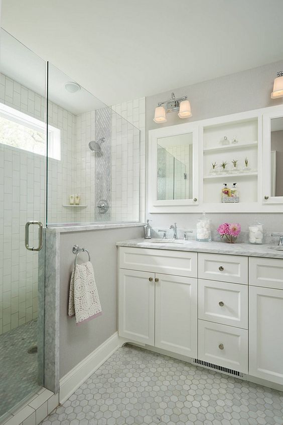 Small Hexagon Tiles Create a Subtle, Classic Bathroom Floor