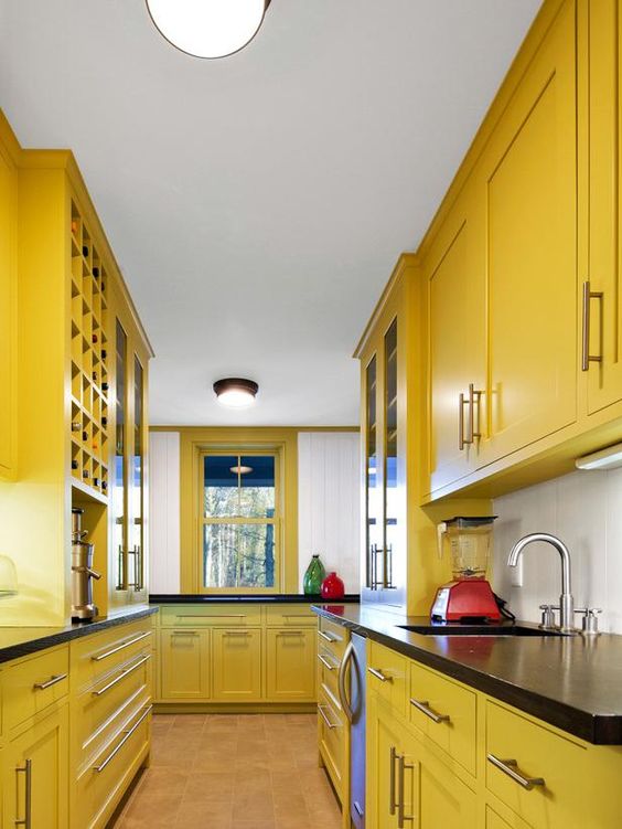 Built-in Yellow Cabinet Wine Rack for Easy Access