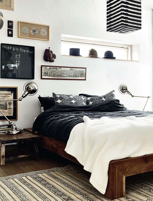 Narrow Ledge Displays Hats Above the Bed