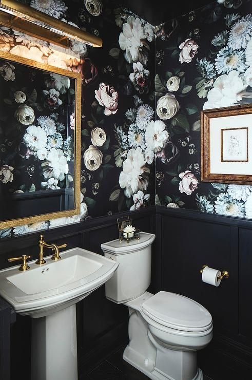 Dark Floral Wallpaper Adds Dramatic Depth to Small Bathrooms