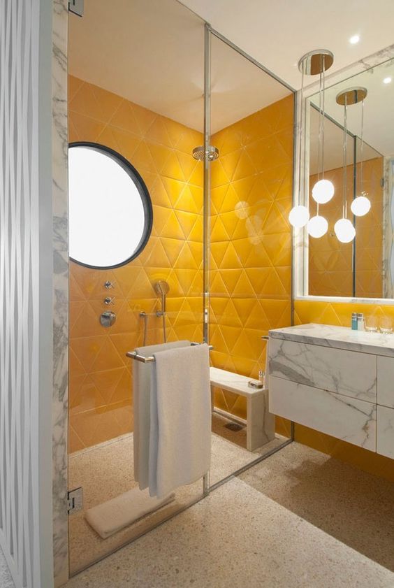 Textured Yellow Shower Tile Creates Geometric Interest