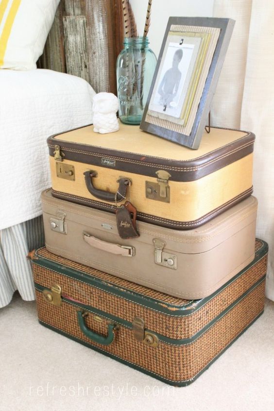 Stack Three Vintage Suitcases for Varied Bedside Storage