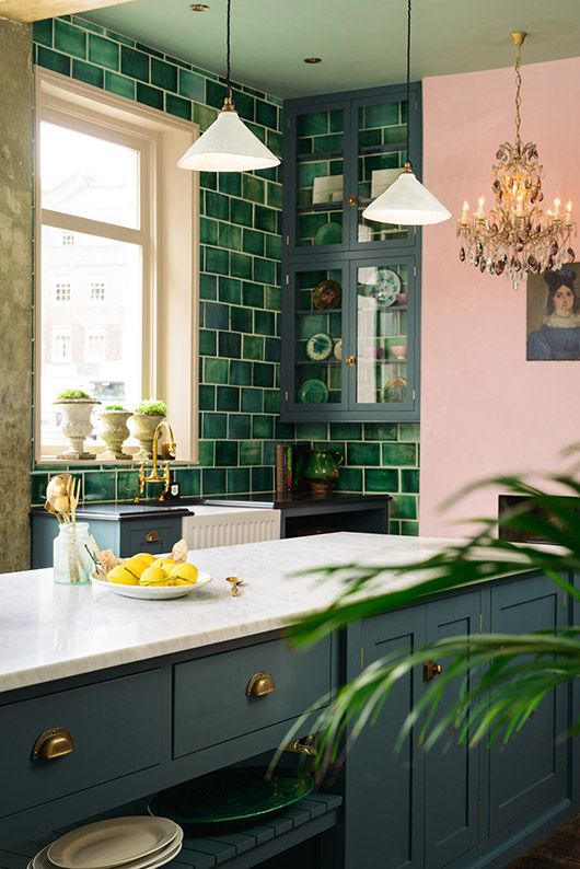 Deep Green Subway Tile Backsplash Creates a Rich Look