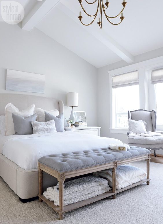 Tufted Bench With Open Shelving for Linens