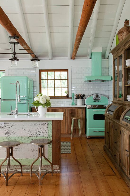 Retro Mint Appliances Anchor a Farmhouse Kitchen