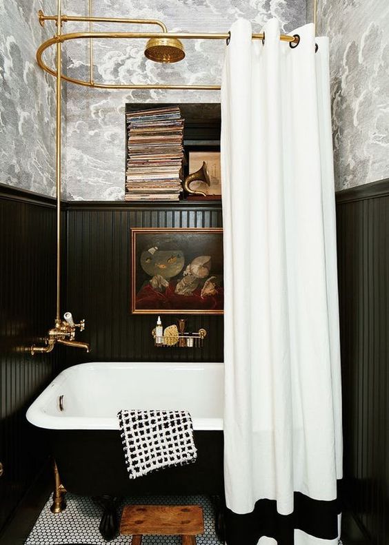 Stack of Records Adds Vintage Charm Above the Tub