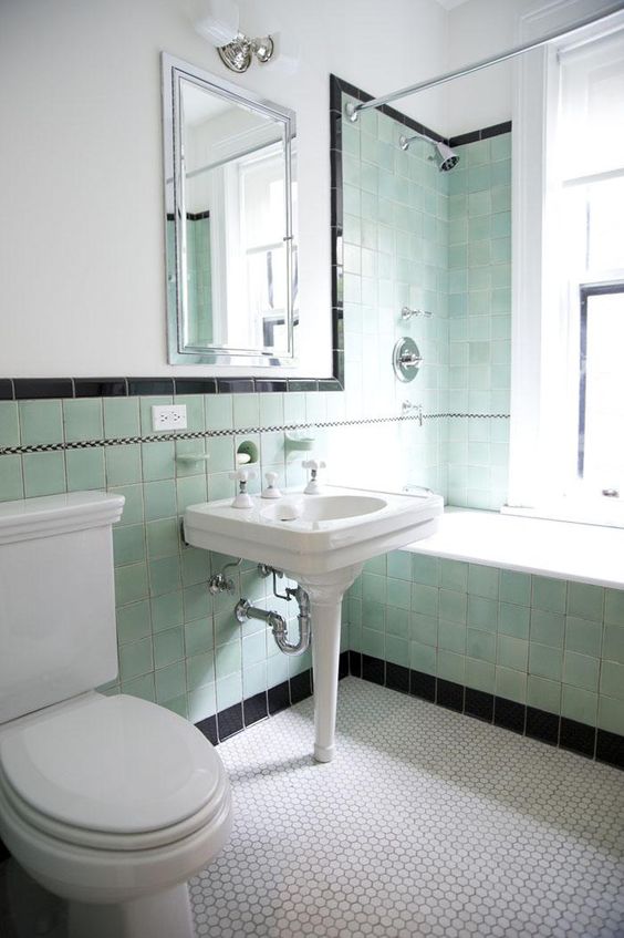 Mint Green Subway Tile With Black Trim Adds Vintage Charm