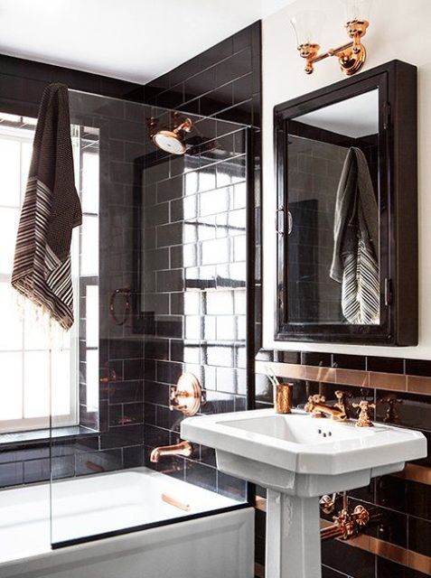 Copper Fixtures Complement Black Subway Tile