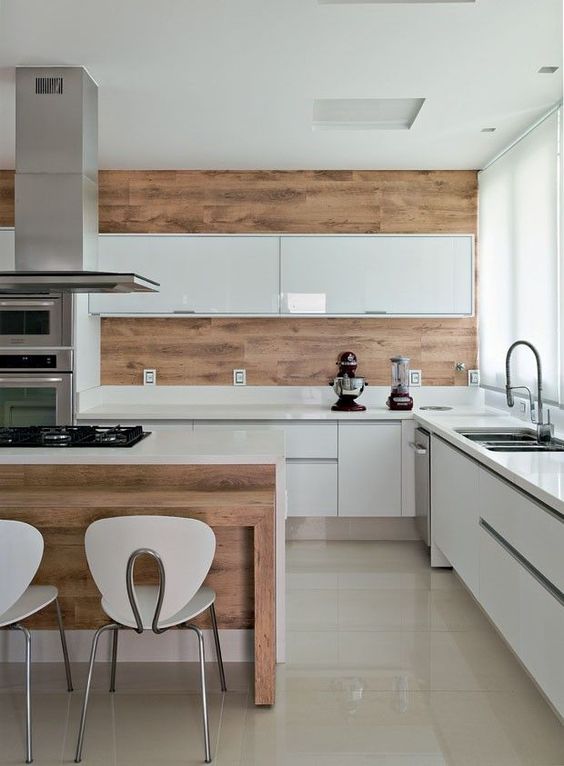 Horizontal Wood Paneling Adds Warmth to White Kitchens