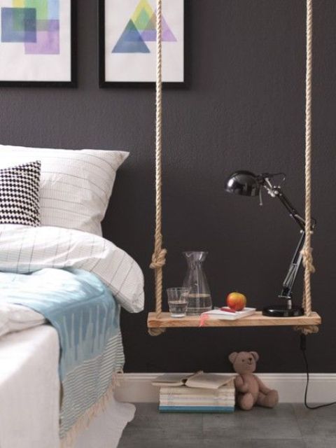 Rope-Hung Wooden Shelf for Small Bedside Essentials