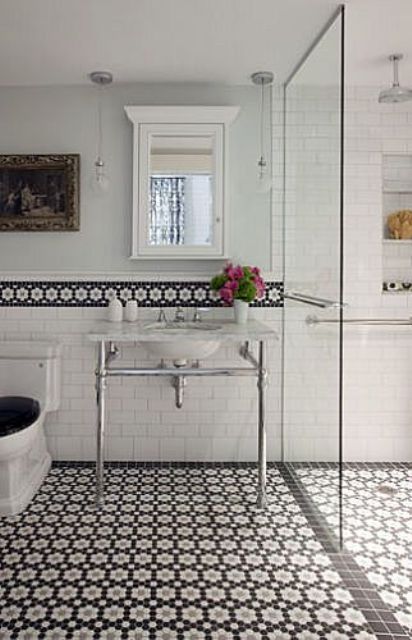 Black and White Geometric Floor Tile With White Subway Walls