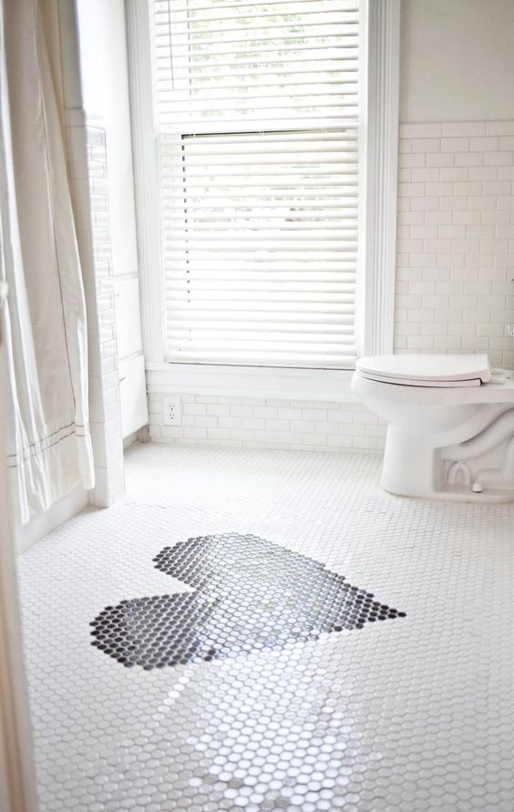Heart-Shaped Penny Tile Accent Adds Personality to Bathroom Floor