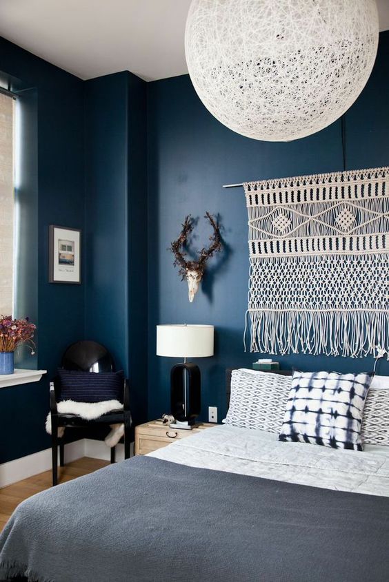 Soften Deep Blue Walls with a Textured Macrame Hanging