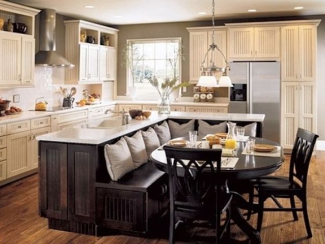 Dark Wood Island Base With Built-In Upholstered Seating