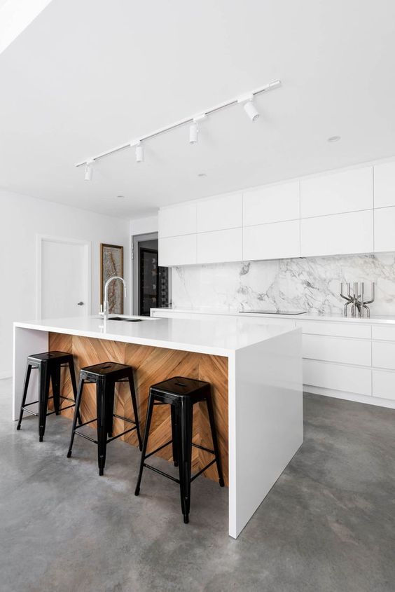 Wood Panel Island Base Adds Warm Contrast to White Kitchen
