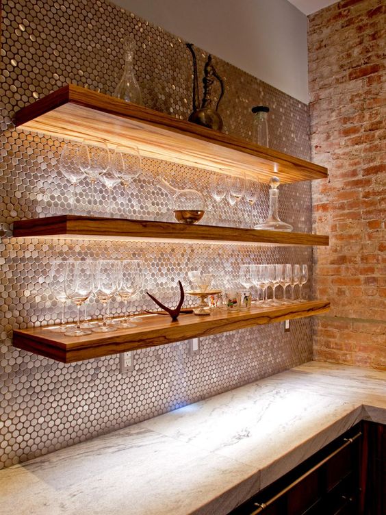 Wooden Shelves With Integrated Lighting Showcase Glassware