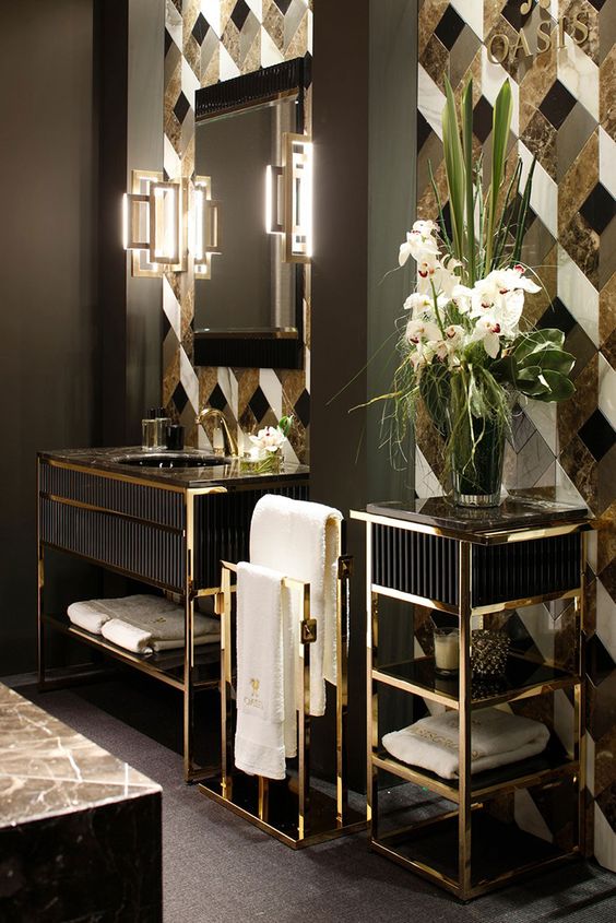 Gold Towel Rack Adds Luxe Storage Next to Vanity