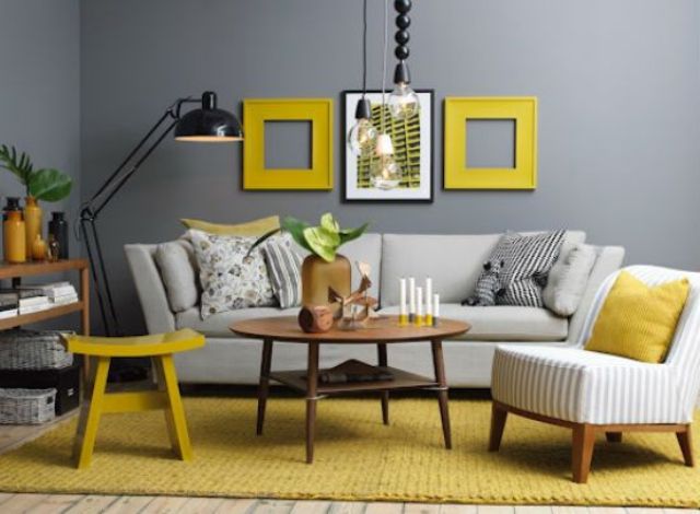 Yellow Stool Adds A Bright Accent To A Grey Room
