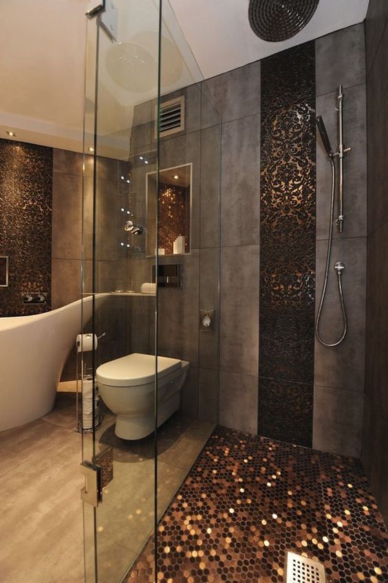 Shower Floor Shimmers with Metallic Hex Penny Tiles