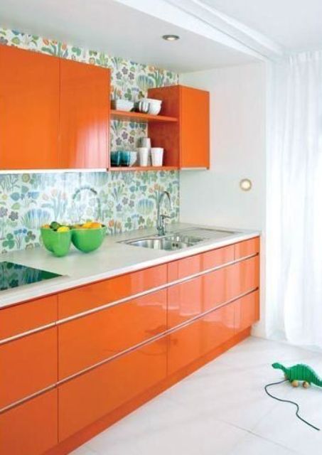 Floral Wallpaper Brightens Kitchen Backsplash and Shelves