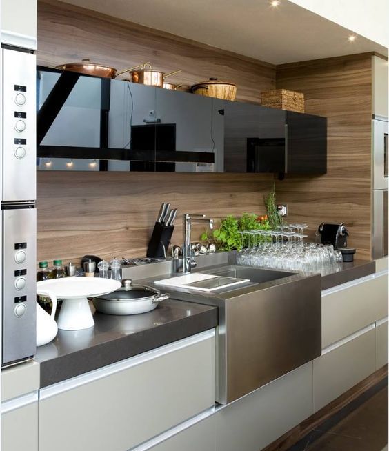 Wooden Backsplash as a Backdrop for Copper Cookware