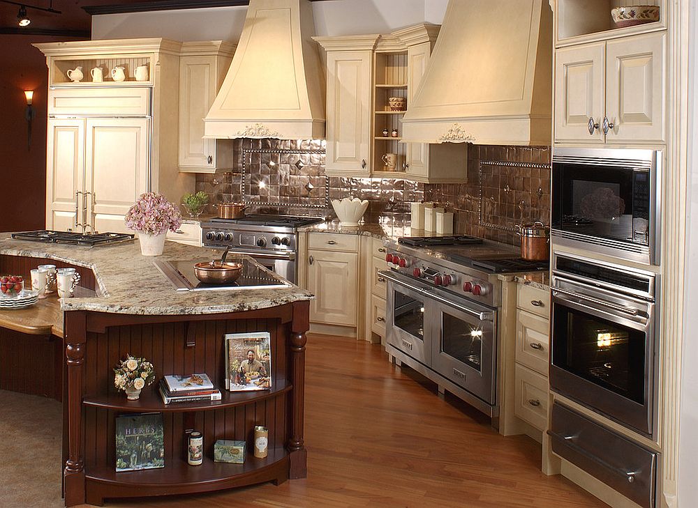 Curved Island Shelves Hold Cookbooks and Decor