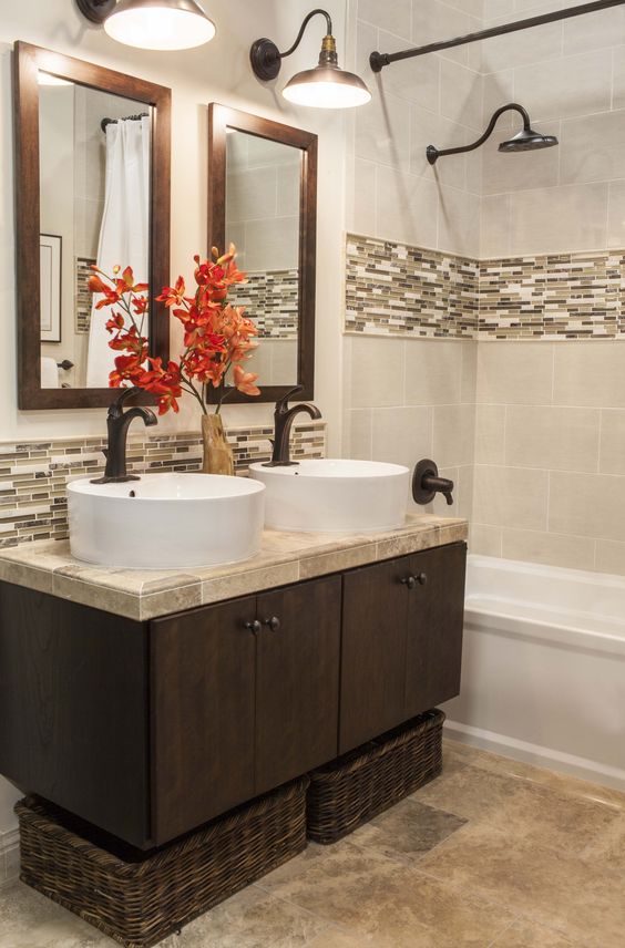 Woven Baskets Add Natural Texture Under a Floating Vanity