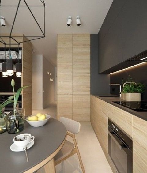 Tall Wood-Grain Cabinets Add Natural Warmth