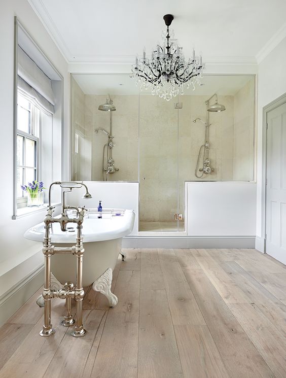 Wide Wood-Look Planks Create a Natural, Textured Bathroom Floor