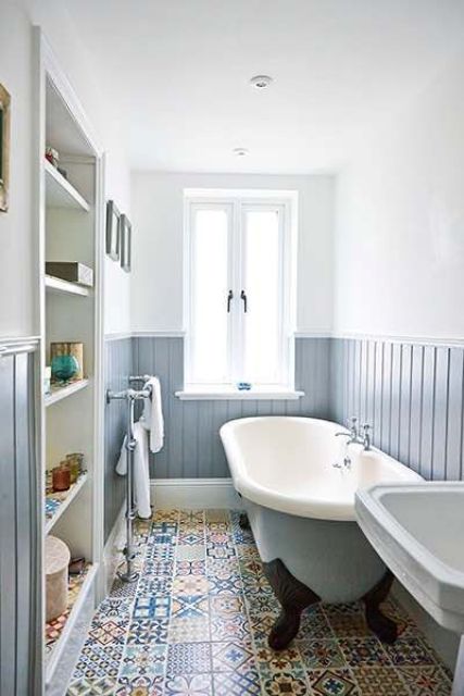 Patterned Floor Tiles Anchor a Classic Bathroom