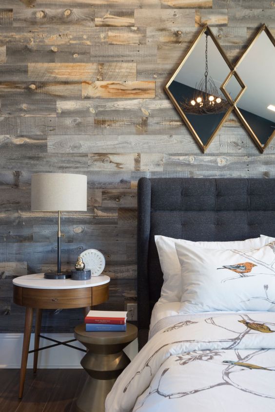 Diamond Mirrors Add Geometric Interest Above Wood
