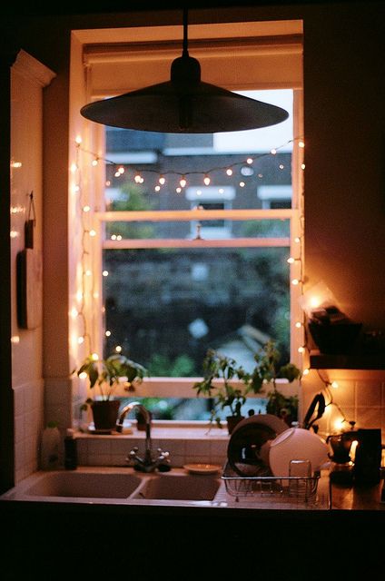 Twinkle Lights Around Kitchen Window Plants