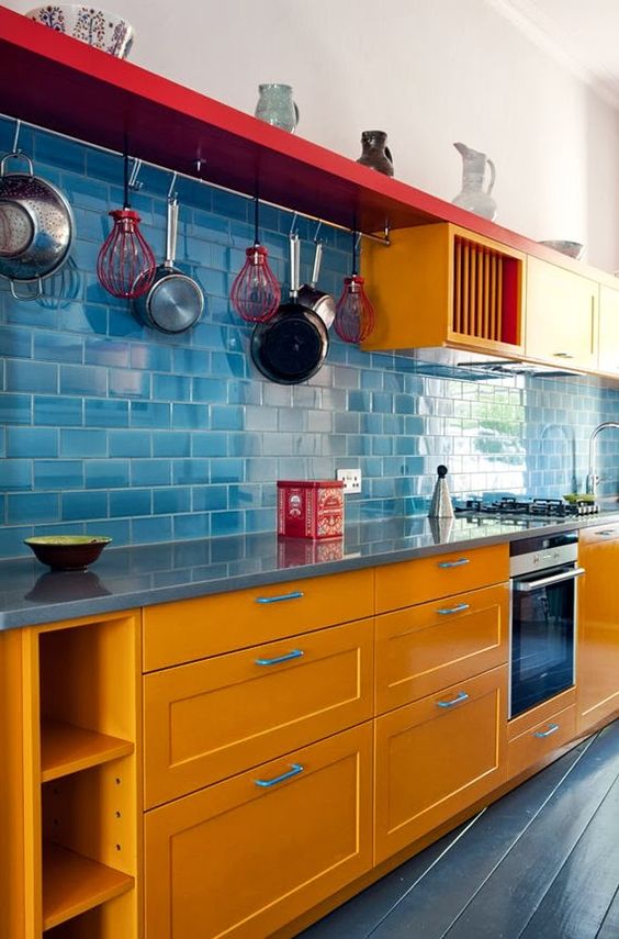Hanging Pot Rack Adds Color and Convenience Above Countertops