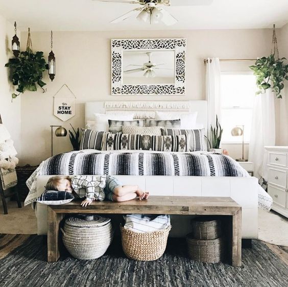 Rustic Wooden Bench With Woven Baskets for Storage