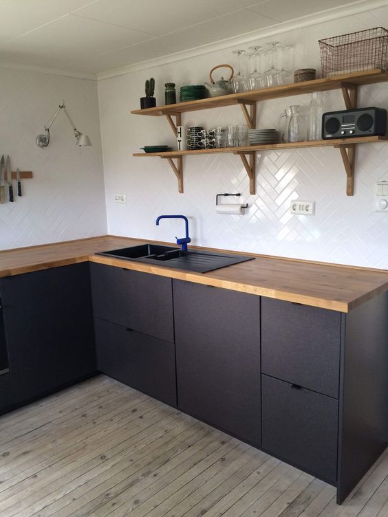 Wooden Shelves Displaying Kitchen Essentials and Decor