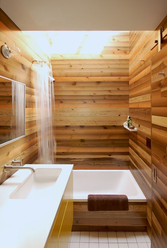Enclose Your Bathroom in Warm, Natural Wood Plank Walls