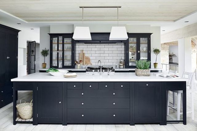 Dark Navy Island With Open Shelving For Baskets