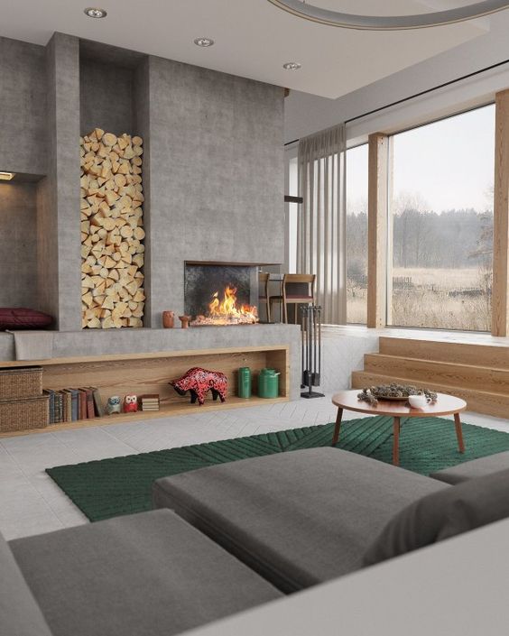 Vertical Log Storage Adds Rustic Texture to Fireplace