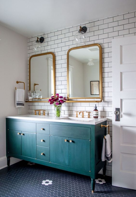 Deep Teal Vanity With Brass Hardware Adds a Jewel-Toned Anchor