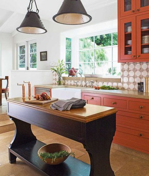 Dark Kitchen Island With Open Shelf for Greenery Display