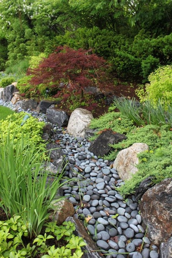 Smooth River Stones Mimic A Dry Creek Bed