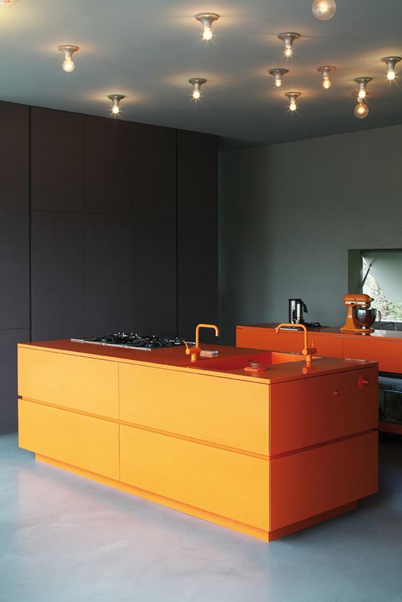 Orange Island With Integrated Sink and Faucets