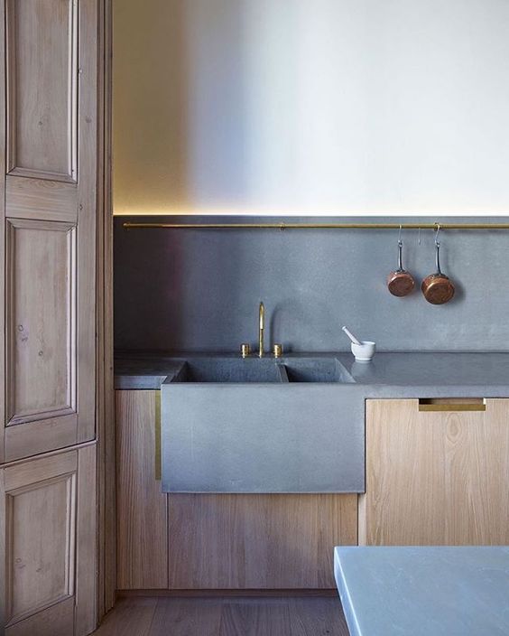 Brass Rail For Hanging Pots Above Your Concrete Backsplash