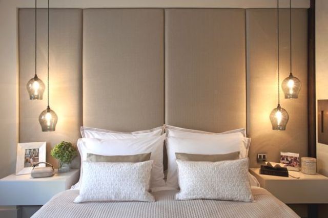 Glass Pendants at Varied Heights Add Bedside Interest
