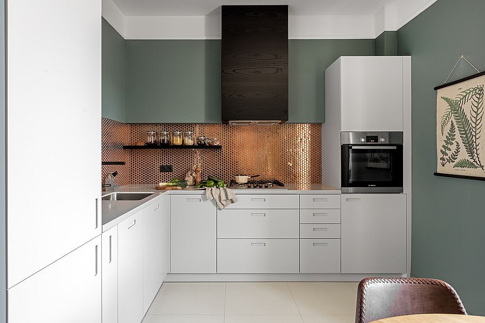 Penny Tile Backsplash Adds Warm Metallic Shine