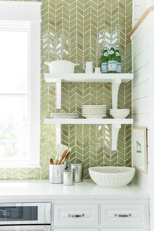 Green Chevron Tiles Add Subtle Shine Behind Shelves